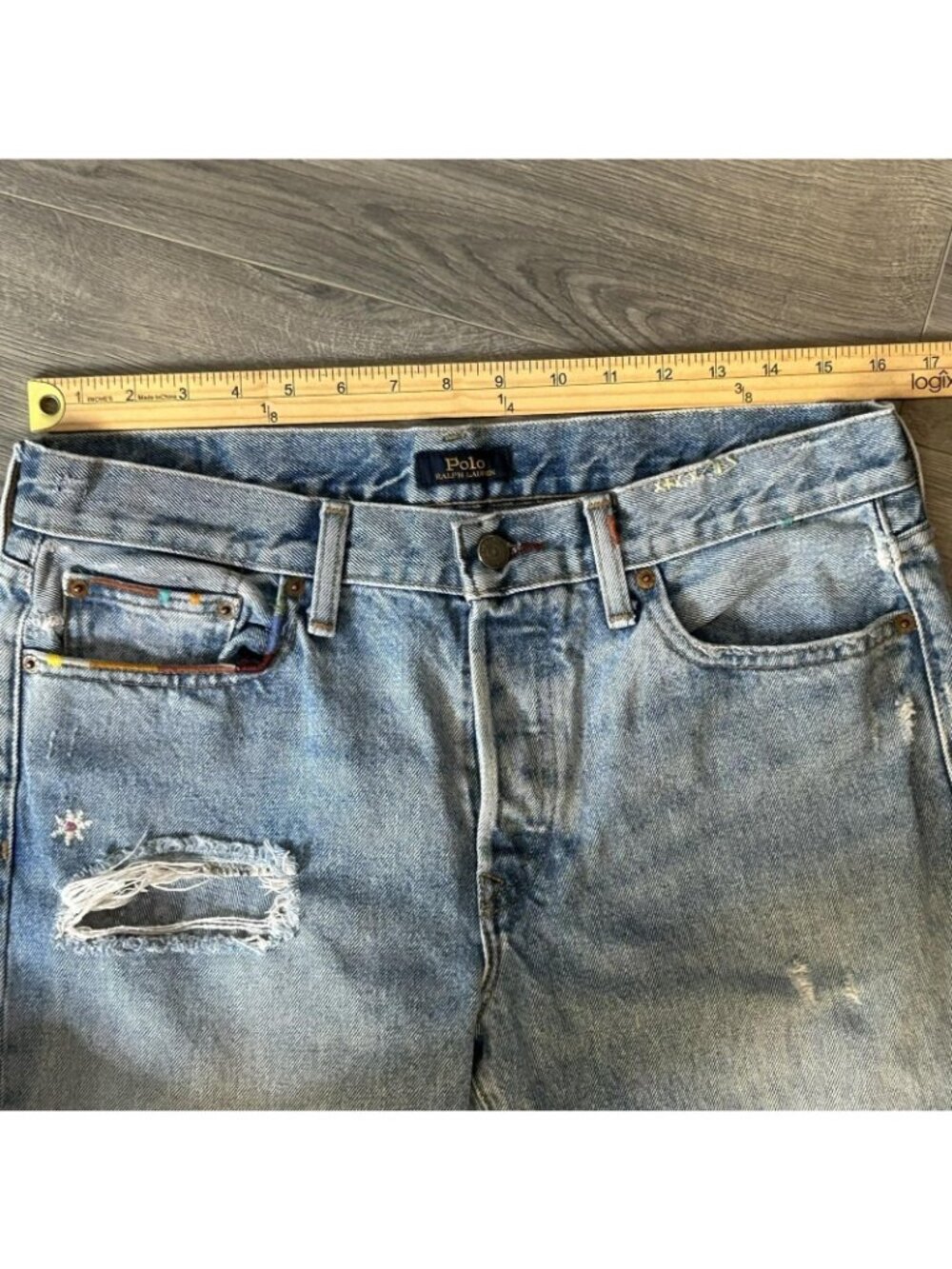 Polo Ralph Lauren Jeans Womens 29R Fits 32 Blue Light Wash Mom Distressed Heart - Picture 12 of 16